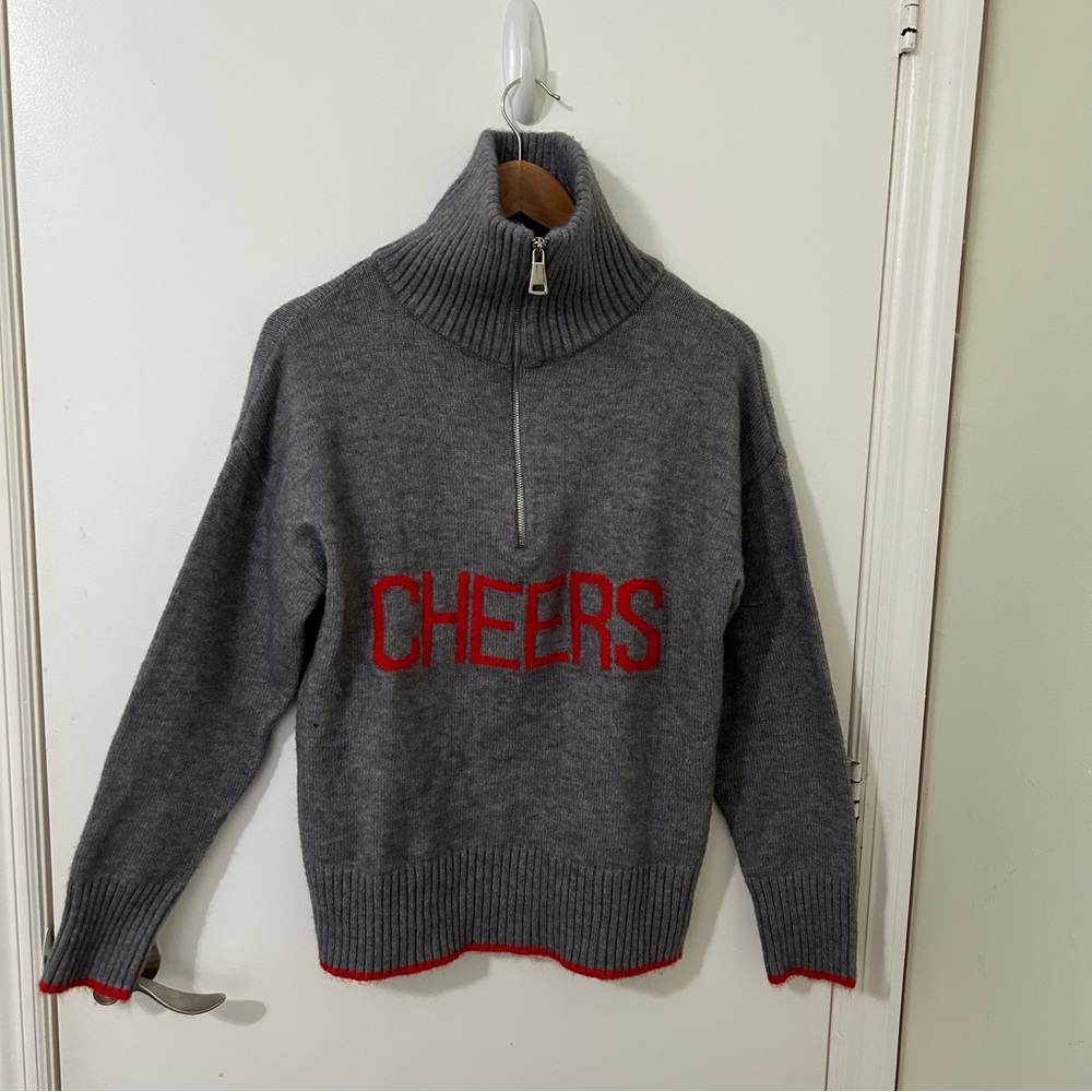 Elan | Cheers Gray and Red Ribbed Knit Turtleneck Sweater | Size Small